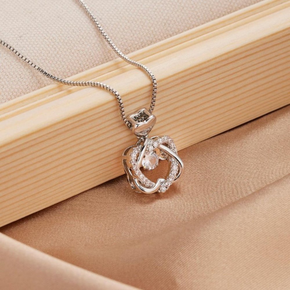 Double Heart Necklace with Floating Crystal Made w Swarovski Elements Crystals